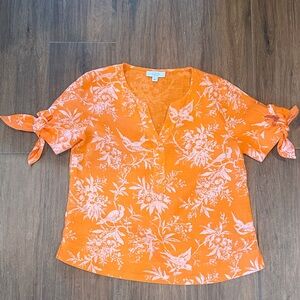 NWOT Charter Club Orange Floral Linen Luxury Blouse with Tie Sleeves